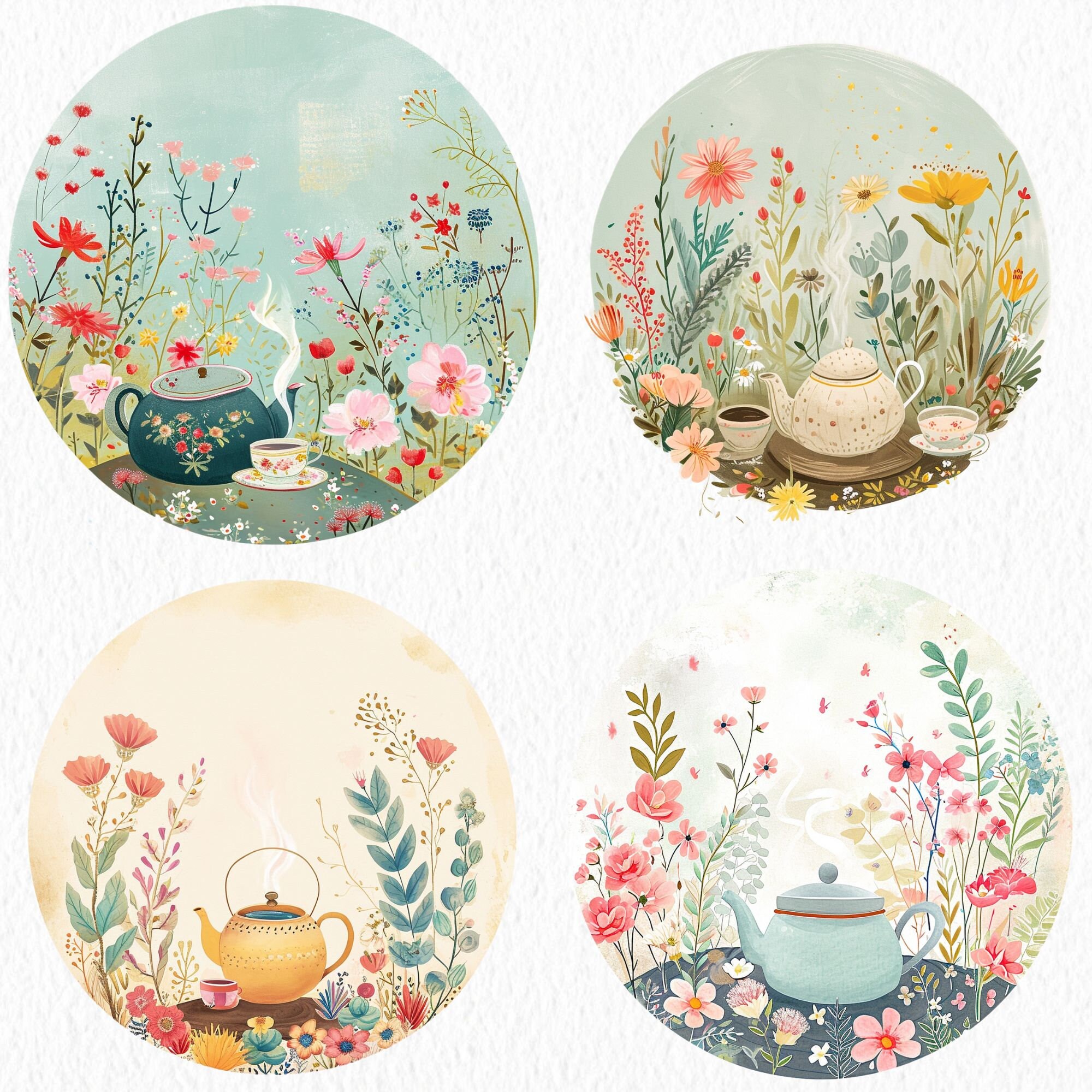 Watercolour Vintage Spring Tea Digital Sticker Bundle, Guache, Spring ...