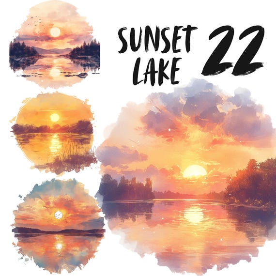 Sunset over lake Clipart Set, Cozy Nature PNG Stickers, Relaxing landscape set Digital Download, Soft Sunset Aesthetic Graphics, dreamy vibe