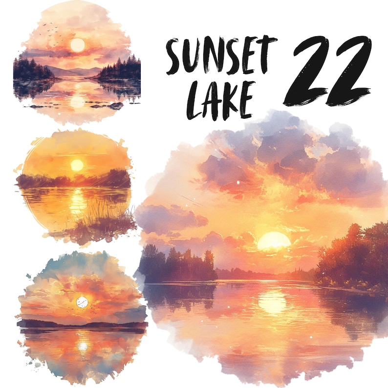 May include: Three watercolor paintings of a sunset over a lake. The top image shows a lake with trees on either side and a small island in the middle. The middle image shows a lake with trees on either side and a small island in the middle. The bottom image shows a lake with trees on either side and a small island in the middle. The text "Sunset Lake 22" is written in black on a white background.