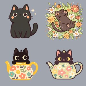 May include: Four illustrations of black cats. One cat is sitting with its tail curled around its legs. Another cat is sleeping in a bed of flowers. The other two cats are sitting inside teapots with floral patterns.