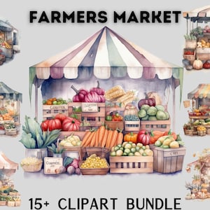 Aquarel boerenmarkt clipart bundel, gezond eten clipart, groenten clipart, winkel clipart, scrapbooking, instant download