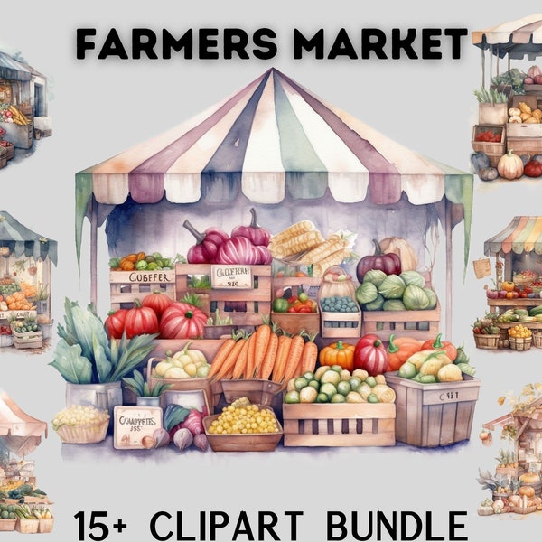 Aquarell Bauernmarkt Clipart Bundle, gesunde Ernährung Clipart, Gemüse Clipart, Shop Clipart, scrapbooking, sofortiger Download