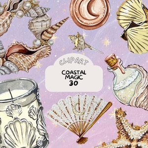 May include: Watercolor clipart elements featuring seashells, pearls, a decorative fan, and a glass bottle with a cork stopper. The text "CLIPART COASTAL MAGIC 30" is also present. The overall theme is coastal and nautical.