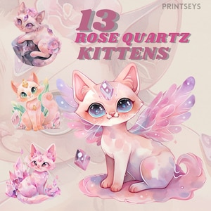 Lot d'autocollants numériques chat quartz rose céleste, clipart chat en cristal, png mystique, espace, scrapbooking fantaisiste, transparent, commercial