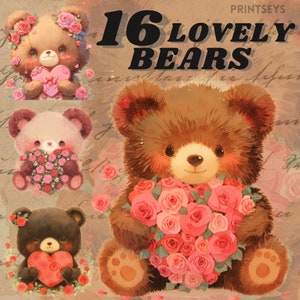Cute lovely bears digital sticker, kawaii bears png, valentines day , transparent,instant download, cute heart bear clipart, retro teddy