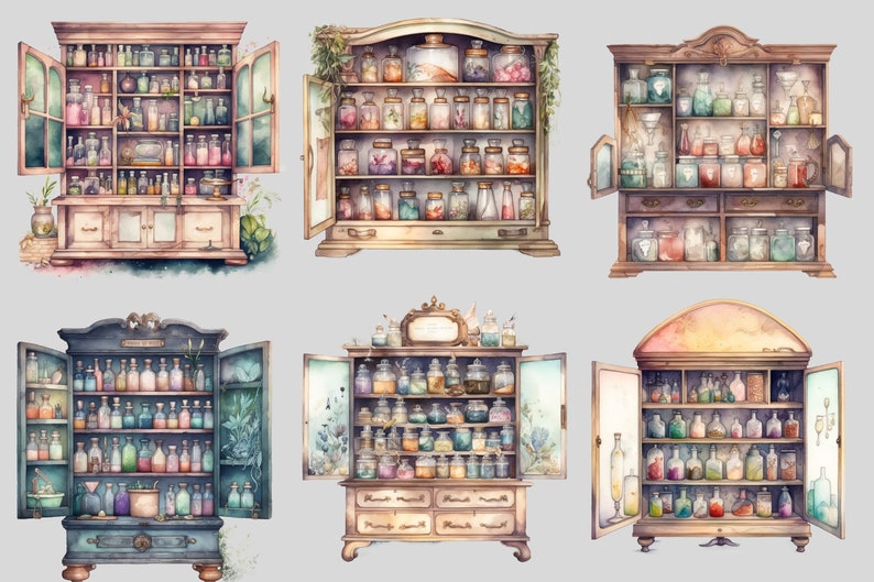Watercolour Witches Apothecary Cabinet Clipart, Wiccan png, magic clip art, mystical clipart, witchcraft png clipart, pagan . clipart bundle image 5