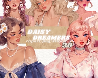 May include: Digital clipart set of four illustrations of women with flowers in their hair. The women are wearing different outfits and have different hairstyles. The text "Daisy Dreamers clipart/png/stickers 30" is in the center of the image.
