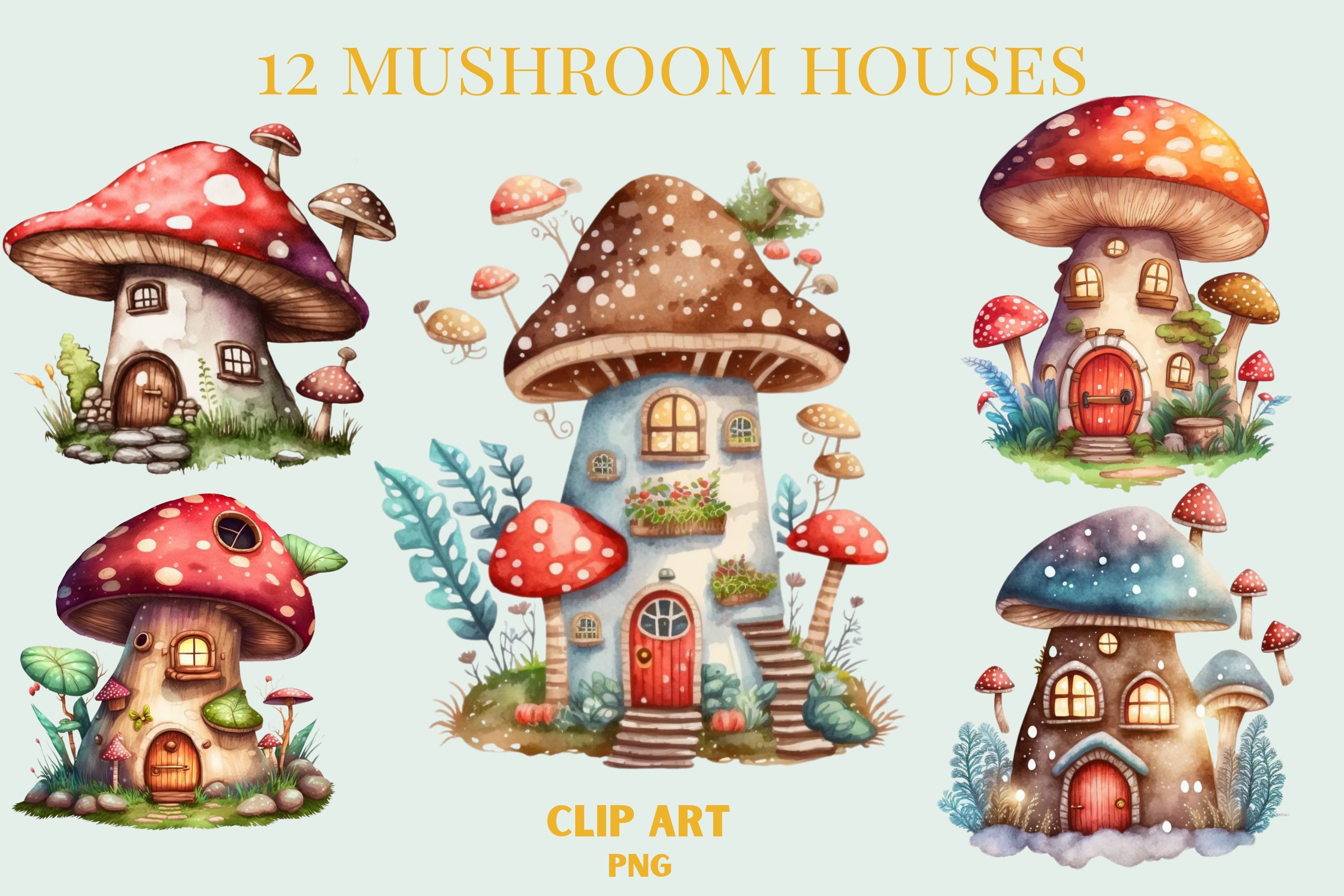 Watercolour Mushroom House Png Illustrated Mushroom House Etsy