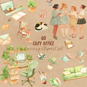 Cosy Home Office digitale stickerbundel, aquarel kantoor clipart set, werkplek transparante goodnote png, transparante journaal download