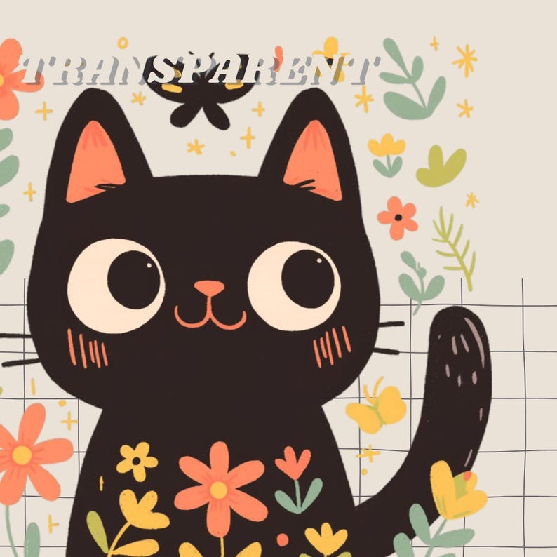 May include: A black cat with large eyes and a cheerful expression is surrounded by colourful flowers and butterflies. The cat is standing on a grid background.
