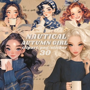 Adesivo digital náutico de diário de moda de outono, clipart feminino, kit de scrapbooking de moda de outono, conjunto de impressão de outono feminino, transparente