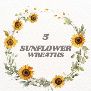 Watercolour Dainty Sunflower Wreath clipart bundle, delicate sunflower wreath png for scrapbooking, invitations, floral wreath, summer vibes