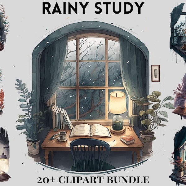 Watercolour Rainy study, cozy reading corner clipart bundle, bookshelf, bookcase, aesthetic, png, clipart bundle, library, interiour