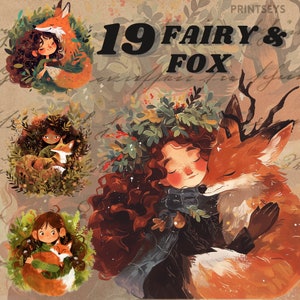 Whimsical Forest fairy and fox digital sticker, Mythical fairies png, fairytale, transparent,instant download, dnd, occult, wiccan, clipart