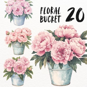 May include: Watercolor illustration of pink peony bouquets in light blue metal buckets. The image includes the text "FLORAL BUCKET 20". The flowers have green leaves and are arranged in various compositions.