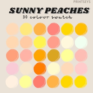 May include: A colour palette of 30 peach, orange, yellow, and cream colours. The colours are arranged in a grid of 5 rows and 6 columns. The title "SUNNY PEACHES 30 colour swatch" is at the top of the image.