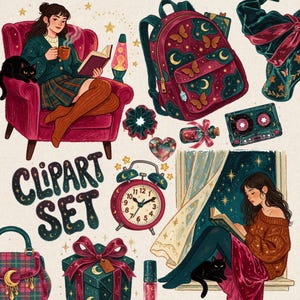 Peut inclure: Un ensemble d'illustrations numériques comprenant une personne lisant dans un fauteuil rouge avec un chat noir, une personne lisant près d'une fenêtre, un sac à dos à motifs de papillons et de lunes, un réveil rouge, une cassette et un cadeau.