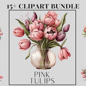 Roze Tulpen Clipart Bundel, Tulpen in een vaas png, Lente bloem clipart, tulpen boeket clipart, scrapbooking, bloem boeket clipart