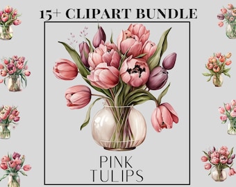 Pink Tulips Clipart Bundle, Tulips in a vase png, Spring flower clipart, tulips bouquet clipart, scrapbooking, flower bouquet clipart