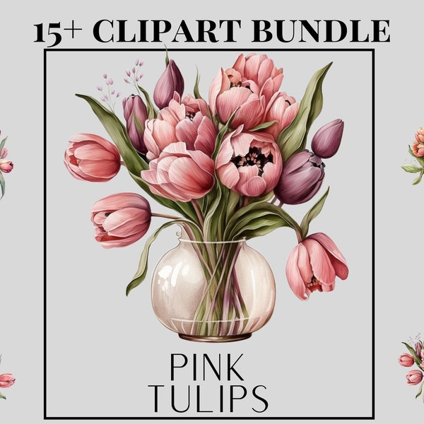 Pink Tulips Clipart Bundle, Tulipes dans un vase png, Spring flower clipart, tulips bouquet clipart, scrapbooking, bouquet fleur clipart