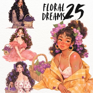 Puede incluir: Tres ilustraciones de mujeres con coronas de flores y ramos de flores moradas. El texto "Floral Dreams 25" está en la esquina superior derecha de la imagen.