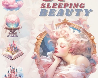 Watercolour Fairytale Sleeping Beauty Clipart Bundle, princess clipart, Aurora clipart, feminine clipart bundle, scrapbooking