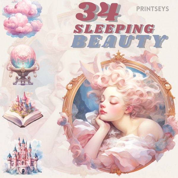 Watercolour Fairytale Sleeping Beauty Clipart Bundle, princess clipart, Aurora clipart, feminine clipart bundle, scrapbooking