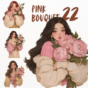 May include: Three illustrations of women with pink bouquets of flowers. The first woman has red hair and is wearing a white sweater. The second woman has long brown hair and is wearing a pink sweater. The third woman has brown hair and is wearing a white sweater. The text "PINK BOUQUET 22" is in the top center of the image.