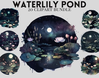 Puede incluir: Conjunto de imágenes prediseñadas de acuarela con escenas nocturnas de estanques de nenúfares. Las imágenes son circulares, con una paleta de colores azul oscuro y verde. El texto "WATERLILY POND 20 CLIPART BUNDLE" está en la parte superior.