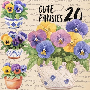 Op de afbeelding: Een set van drie aquarel illustraties van potten met viooltjes. De viooltjes zijn in verschillende tinten paars, geel en blauw. De tekst "Cute Pansies 20" is in zwart geschreven op een crèmekleurige achtergrond.