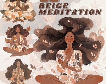 Cozy Meditation clipart bundle, beige and brown colours, transparent png, instant, chilling, zen, body positive