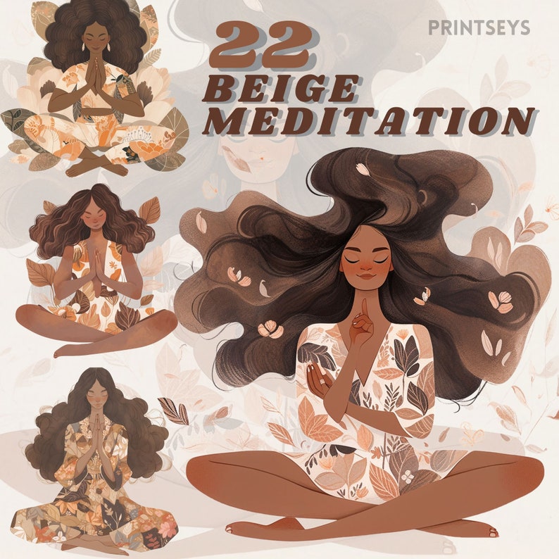 May include: Three illustrations of a woman meditating in a seated position with her eyes closed. The woman has long brown hair and is wearing a beige dress with a floral pattern. The background is a light beige with a floral pattern.