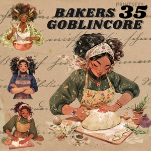 Sticker aquarelle Goblincore Baker, lot de cliparts, cuisinier fantaisiste de caractère, instantané, sticker numérique, journalisation féerique goblincore