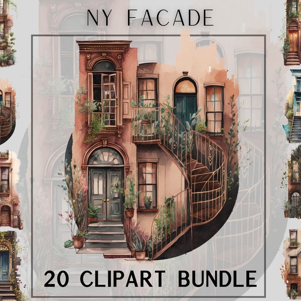 Watercolour New York City House Facade Clipart Bundle, American clipart, architecture clipart, vintage clipart, cozy