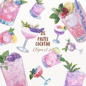 Pacchetto clipart di cocktail pastello in stile acquerello, adesivi per bevande GoodNotes, png per feste rosa, set di diario digitale femminile, immagine trasparente