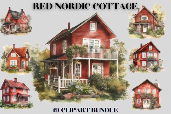 watercolour Nordic Red Cabin clipart bundle, red cottage,norwegian cottage, cozy cottage, cottagecore clipart, summer