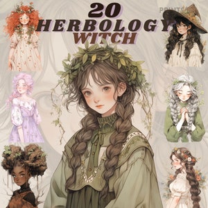 Pacote de clipart Cute Herbology Witch, adesivo digital wiccan, bruxas fofas, encantadora bruxa de herbologia, png, scrapbooking wiccan, botânico