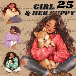Schattig meisje en haar puppy digitale stickers, dierlijke esthetische journaling, girly gezellige png, grillige hond moeder sticker, transparant, scrapbooking,