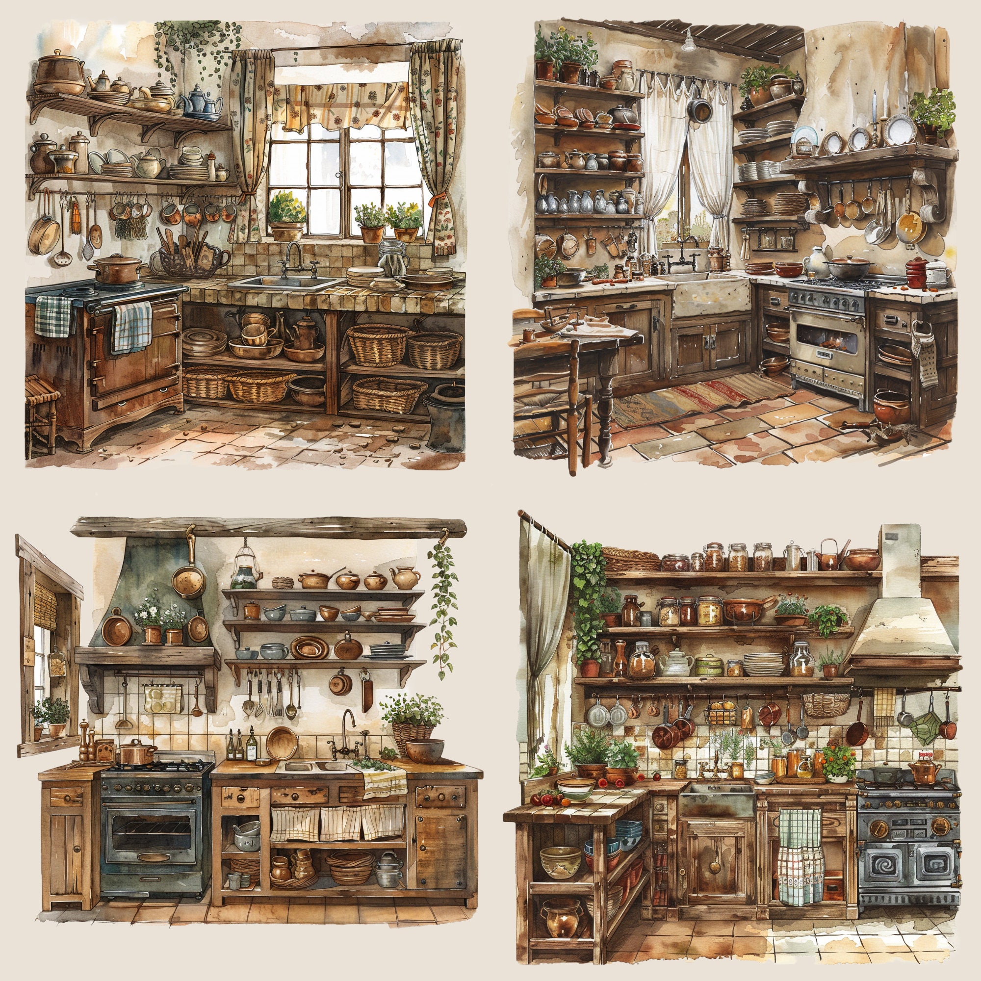 Watercolour Rustic Cozy Cottagecore Kitchen Clipart Bundle, Cozy ...