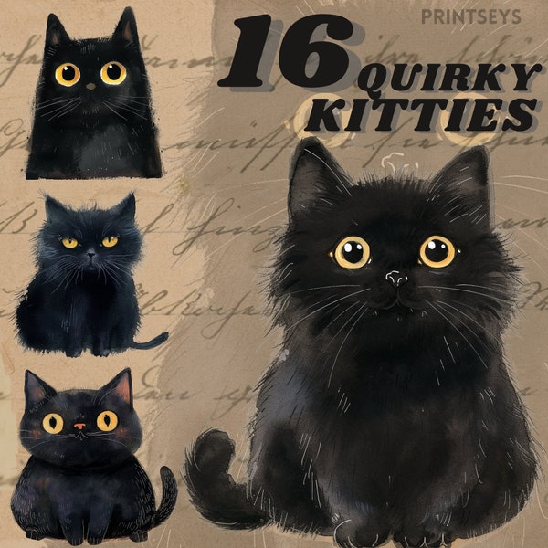 Quirky black kitten digital stickers, valentine png, cat png, cute cat clipart, cute clipart, funny black cat clipart bundle, commercial