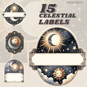 Lot de cliparts aquarelle vintage lune céleste, étoiles dorées et noires, clipart de bordure d'image, esthétique sombre, cadre vintage