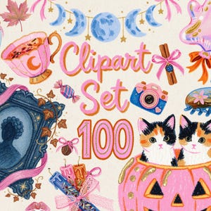 May include: A digital illustration featuring the text Clipart Set 100 surrounded by various icons including a pink teacup, a blue camera, a framed silhouette, a pink pumpkin with two kittens, a ghost balloon, candles, and moon phases.