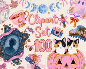 Witchy Halloween Fall Clipart & Goodnotes Stickers, Faceless Girl PNG, Witchy Halloween Autumn Bundle