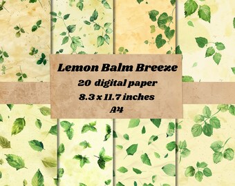 Lemon Balm Breeze Digital paper background, nature background, scrapbook junk journal paper,Light yellow paper with green lemon balm leaves
