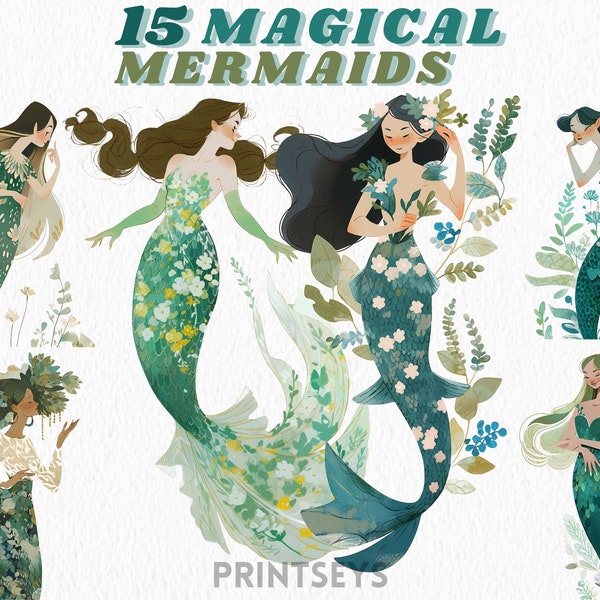 Best Folk art mermaid clipart bundle, magical cute mermaids, instant download, water fairies, scrapbooking, nursery illustration mermaids