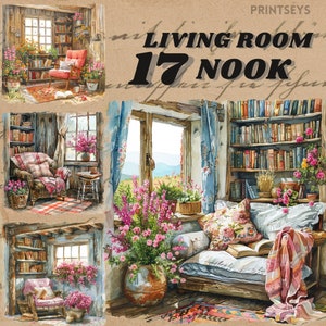 Aquarel Gezellig huisje leeshoekje bij het raam, clipartbundel, warme, gezellige leeshoek, instant, digitale sticker, lezen, boeken,