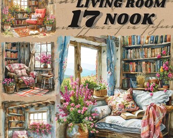 May include: A cozy living room nook with a window overlooking a field. The room features a bookshelf filled with books, a comfy couch with pillows and a blanket, and a vase of pink flowers. The text "LIVING ROOM 17 NOOK" is written on a vintage background.