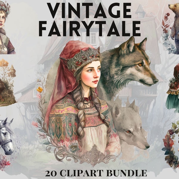 Watercolour Vintage Fairytale Clipart Bundle, Nordic, Slavic, Oriental design, magical fantasy clipart, png, bears, wolfs