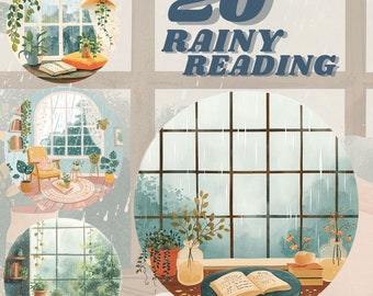 Round Cozy Rainy Reading nook digital sticker bundle, bookworm clipart, journaling, book journaling png, commercial, cozy spring rain