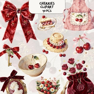 May include: A collection of cherry-themed clipart elements, including a red velvet bow, a slice of cherry cake, a straw hat adorned with cherries, and a pink apron. The image also features a bouquet of flowers and a velvet pouch. Text reads "CHERRIES CLIPART 40 PCS."